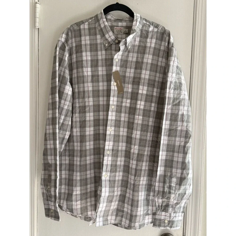 J. Crew Men's White and Gray Plaid Button-Down Shirt Size L